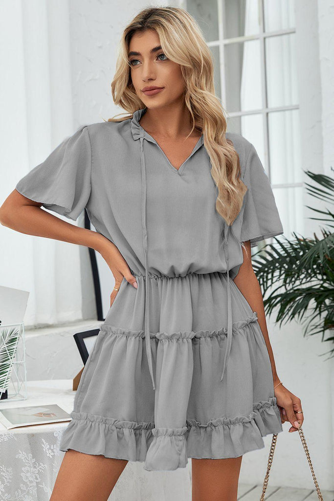 Tie Neck Frill Trim Short Sleeve Mini Dress - Tropical Daze