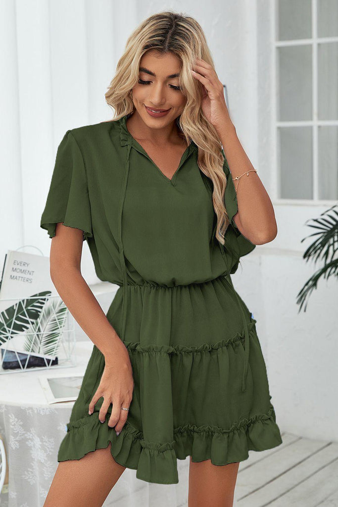 Tie Neck Frill Trim Short Sleeve Mini Dress - Tropical Daze