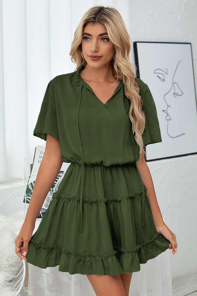 Tie Neck Frill Trim Short Sleeve Mini Dress - Tropical Daze