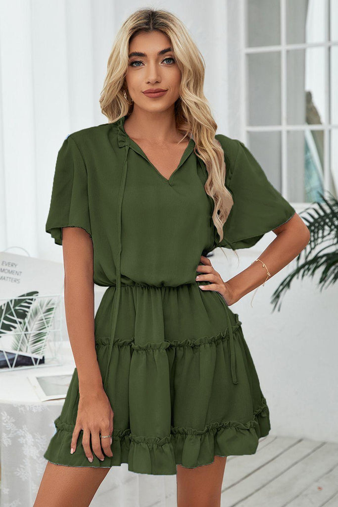 Tie Neck Frill Trim Short Sleeve Mini Dress - Tropical Daze