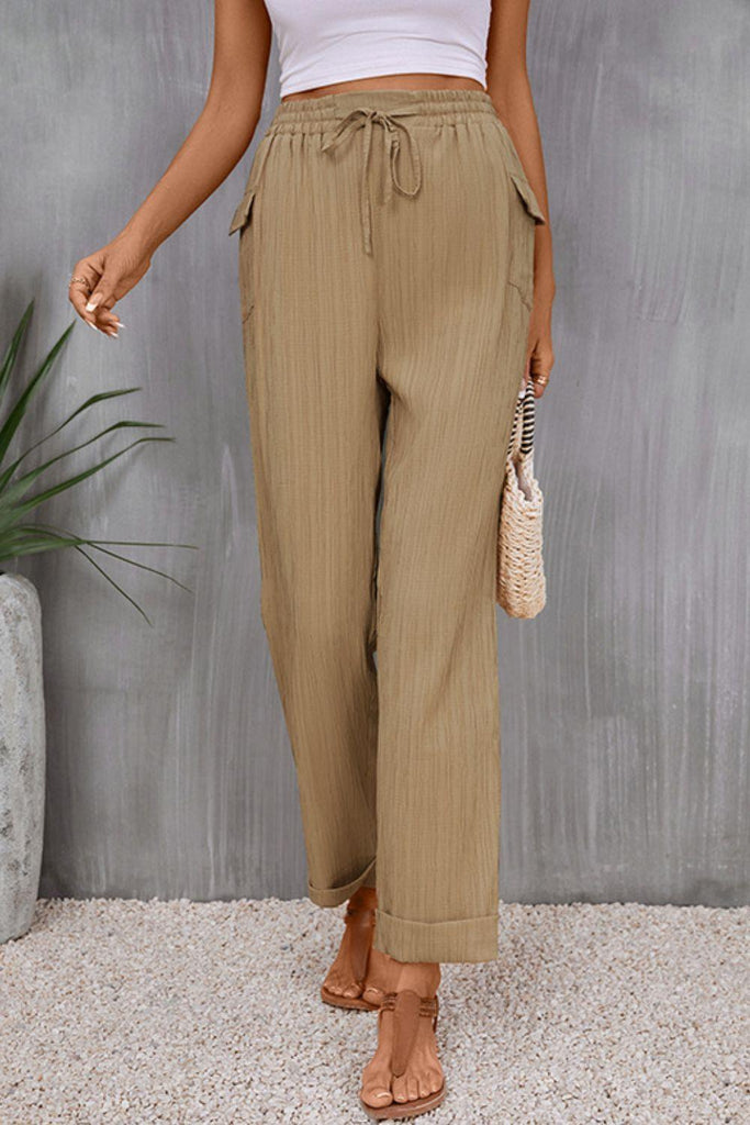 Tie Waist Pocketed Long Pants - Tropical Daze