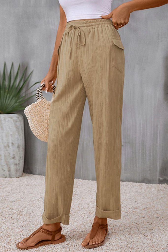 Tie Waist Pocketed Long Pants - Tropical Daze