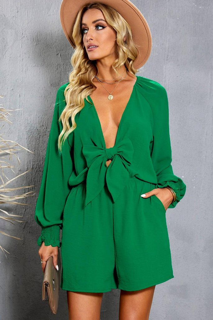 Tied Flounce Sleeve Plunge Romper - Tropical Daze